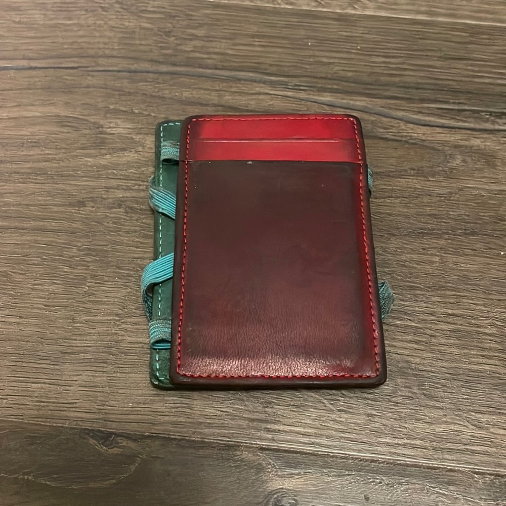 Vintage Red and Teal J.Crew Flip Wallet, very used condition